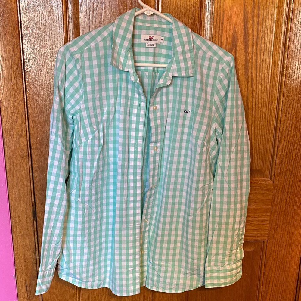 Vineyard Vines Green and White Checkered Button Down Shirt